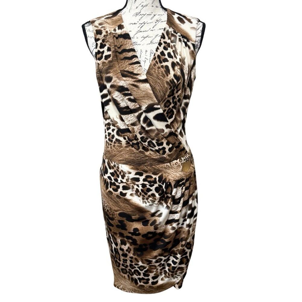 Vintage Cache Sleeveless Faux Wrap Dress Size M Leopard Animal Print Buckle